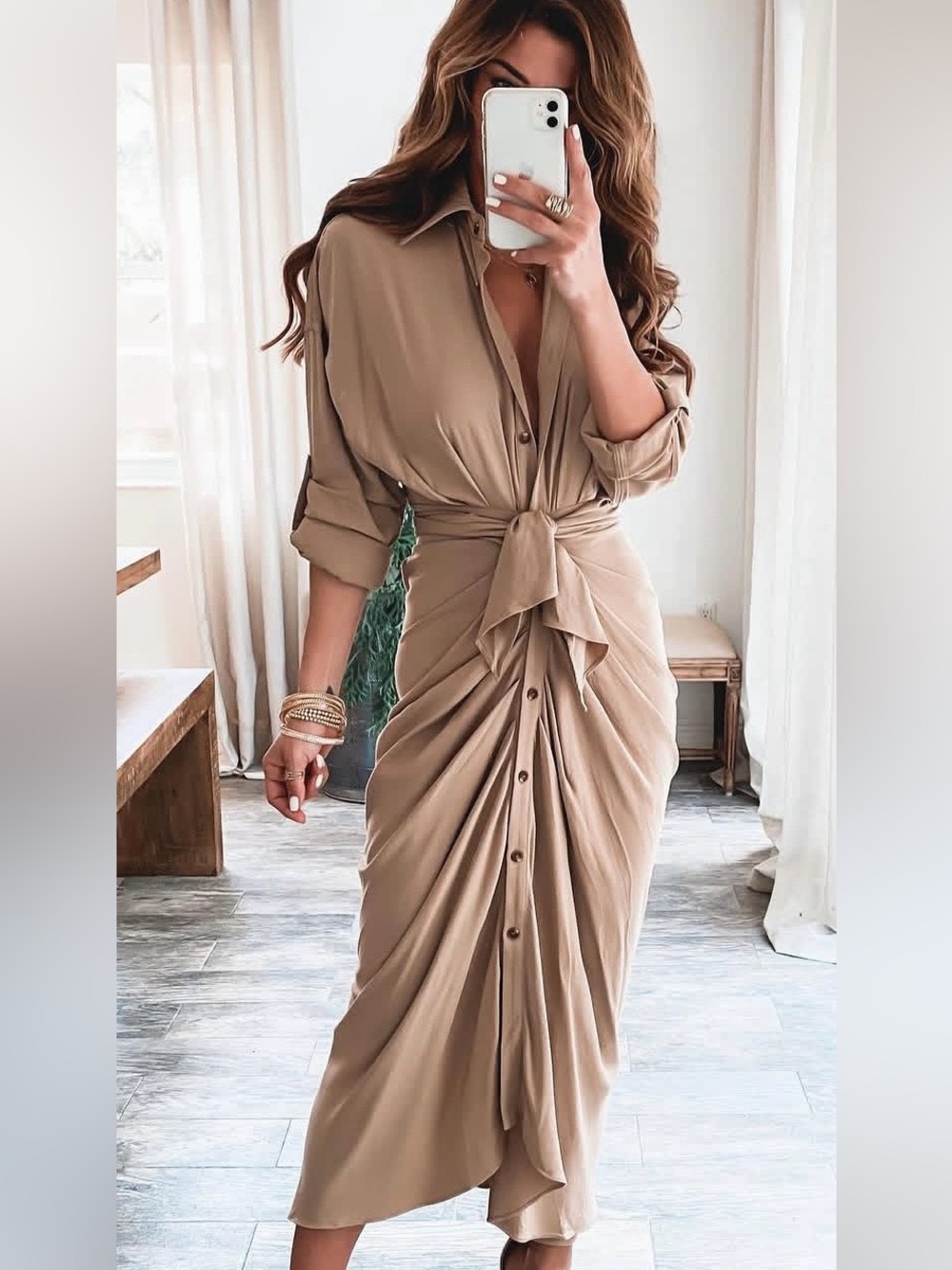 Tie-Front Taupe Maxi Shirt Dress Lrg- 8/10